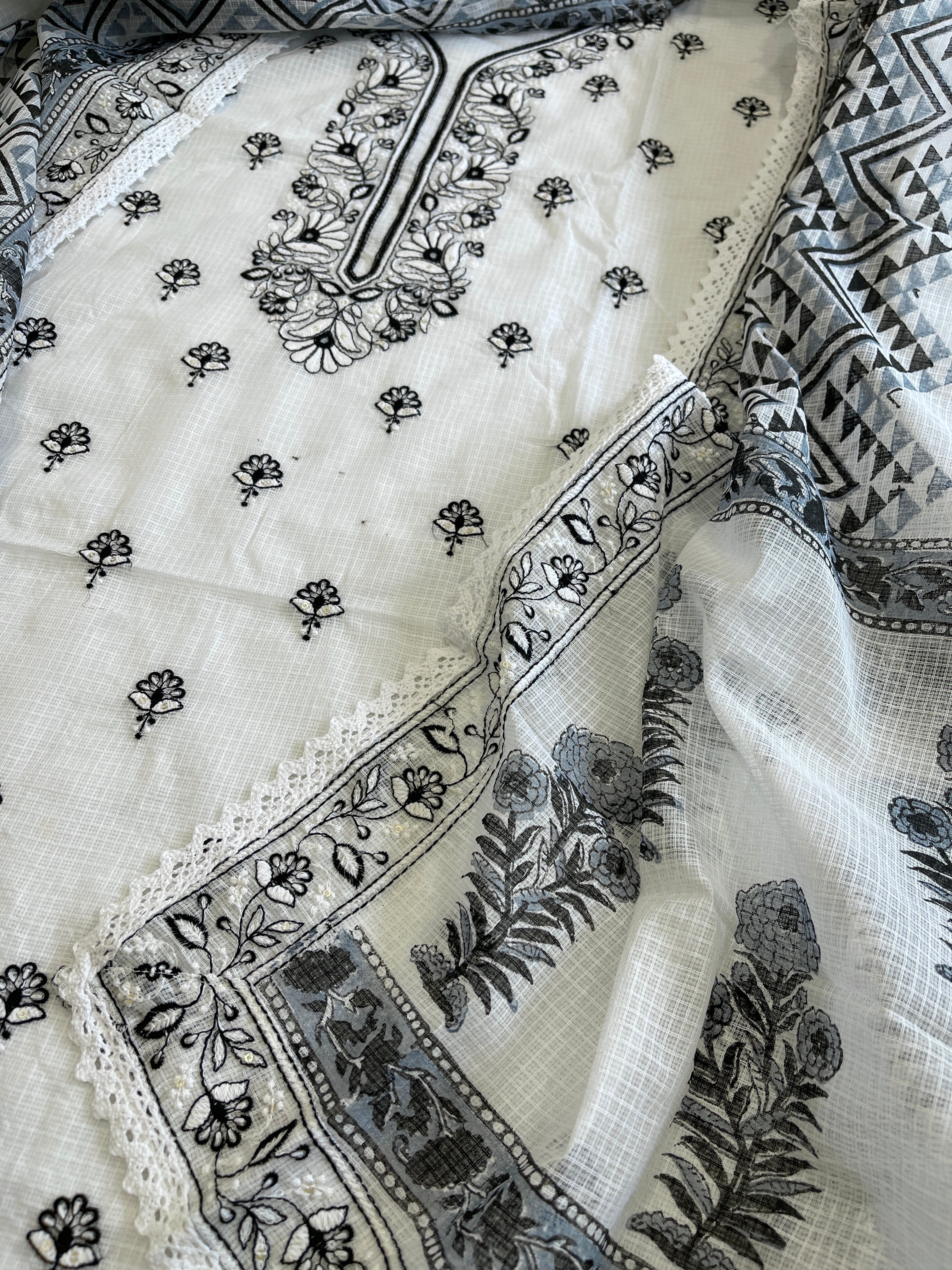 Black Handblock Printed Embroidered Suit Set in Kota Cotton - Masakalee