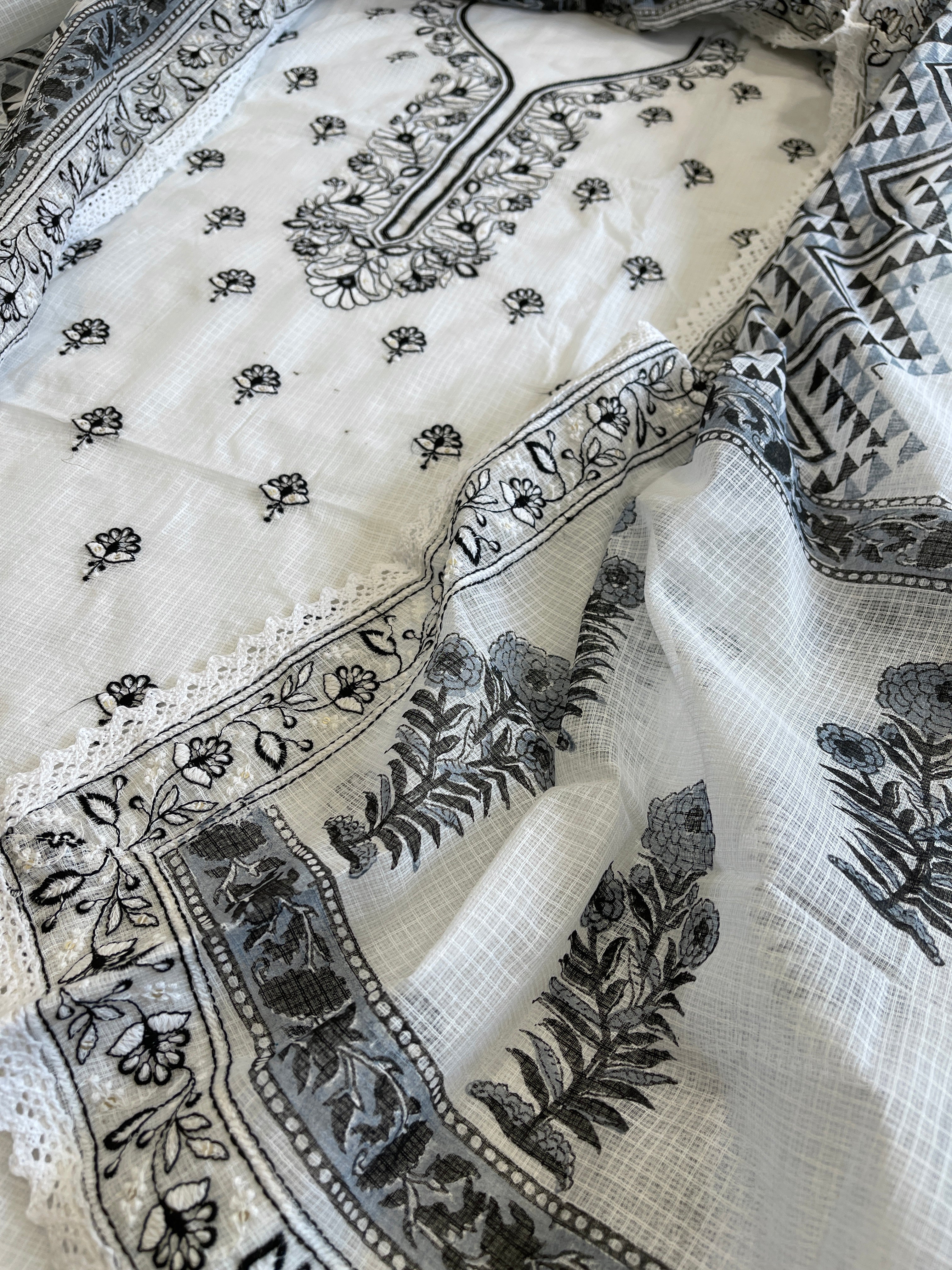 Black Handblock Printed Embroidered Suit Set in Kota Cotton - Masakalee