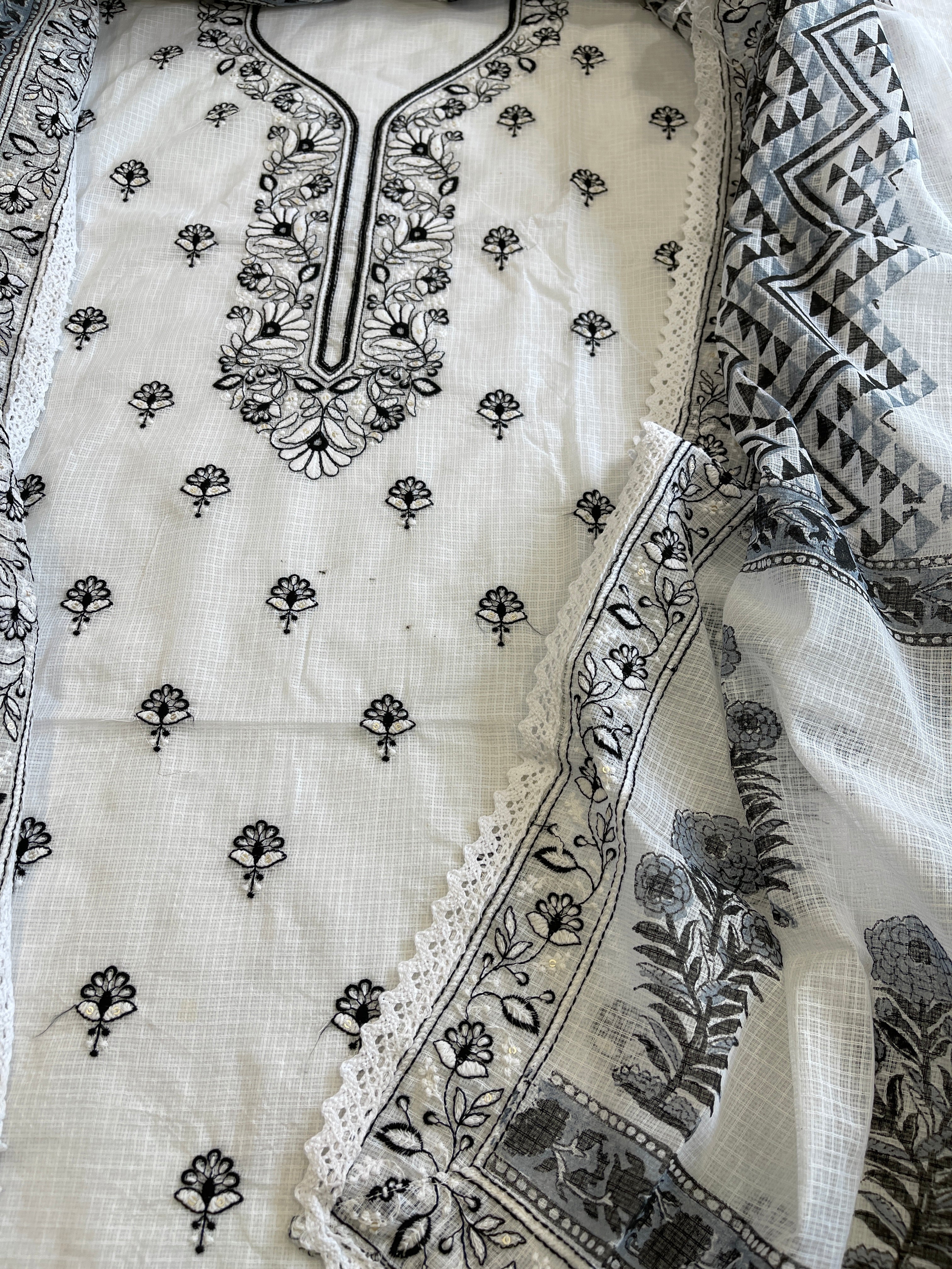Black Handblock Printed Embroidered Suit Set in Kota Cotton - Masakalee