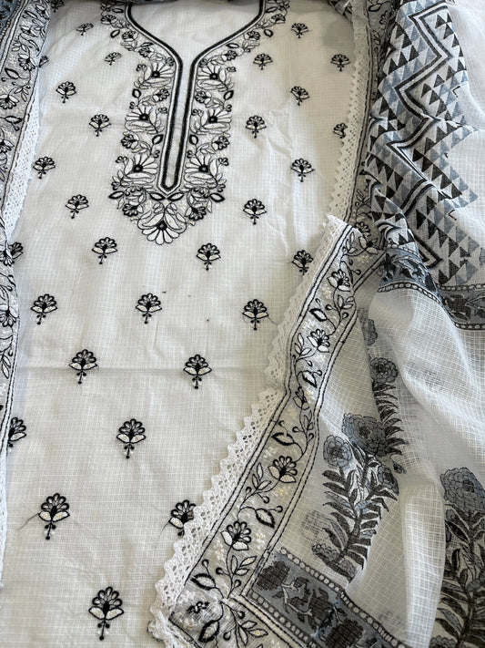 Black Handblock Printed Embroidered Suit Set in Kota Cotton - Masakalee