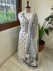Black Handblock Printed Embroidered Suit Set in Kota Cotton - Masakalee