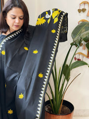 Black Handmade Kantha Dupatta in Pure Cotton - Masakalee