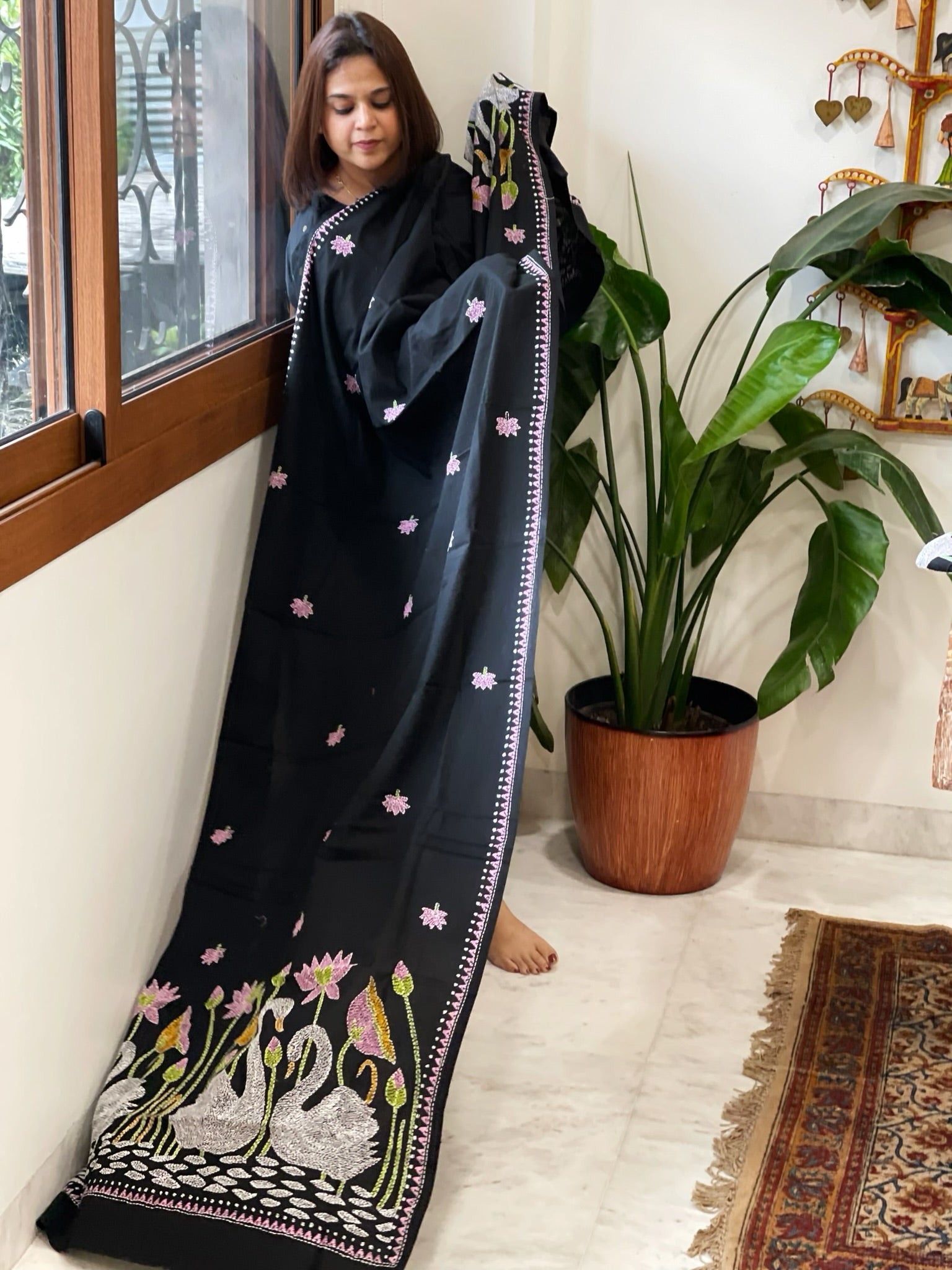 Black Handmade Kantha Dupatta in Pure Cotton - Masakalee