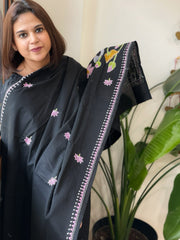 Black Handmade Kantha Dupatta in Pure Cotton - Masakalee