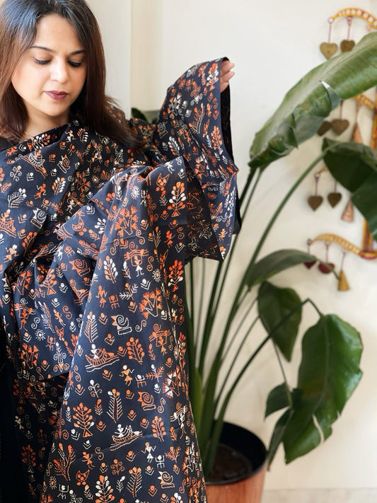 Black Handmade Kantha Dupatta in Pure Cotton - Masakalee
