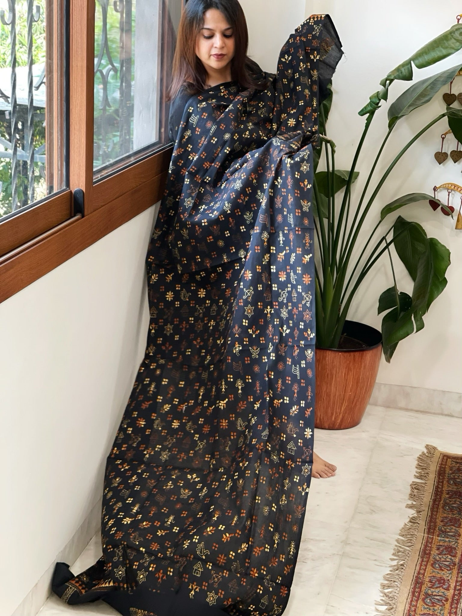 Black Handmade Kantha Dupatta in Pure Cotton - Masakalee