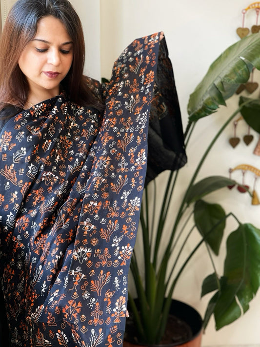 Black Handmade Kantha Dupatta in Pure Cotton - Masakalee