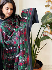 Black Handmade Kantha Dupatta in Pure Cotton - Masakalee
