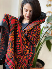 Black Handmade Nakshi Kantha Dupatta in Pure Silk - Masakalee