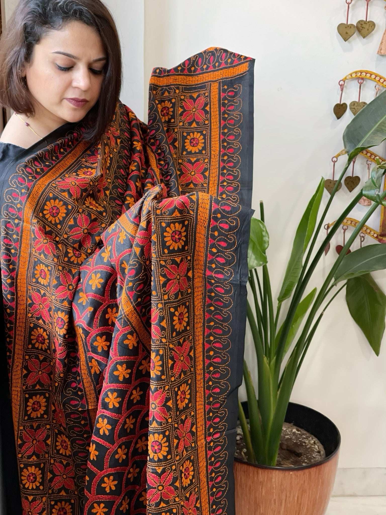 Black Handmade Nakshi Kantha Dupatta in Pure Silk - Masakalee