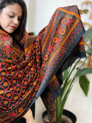 Black Handmade Nakshi Kantha Dupatta in Pure Silk - Masakalee