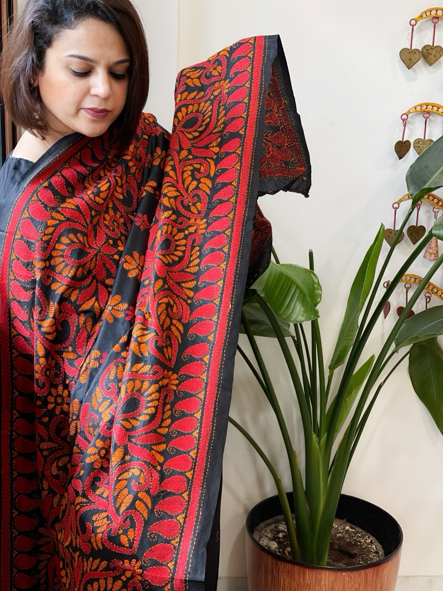 Black Handmade Nakshi Kantha Dupatta in Pure Silk - Masakalee
