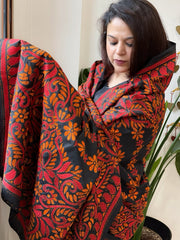 Black Handmade Nakshi Kantha Dupatta in Pure Silk - Masakalee