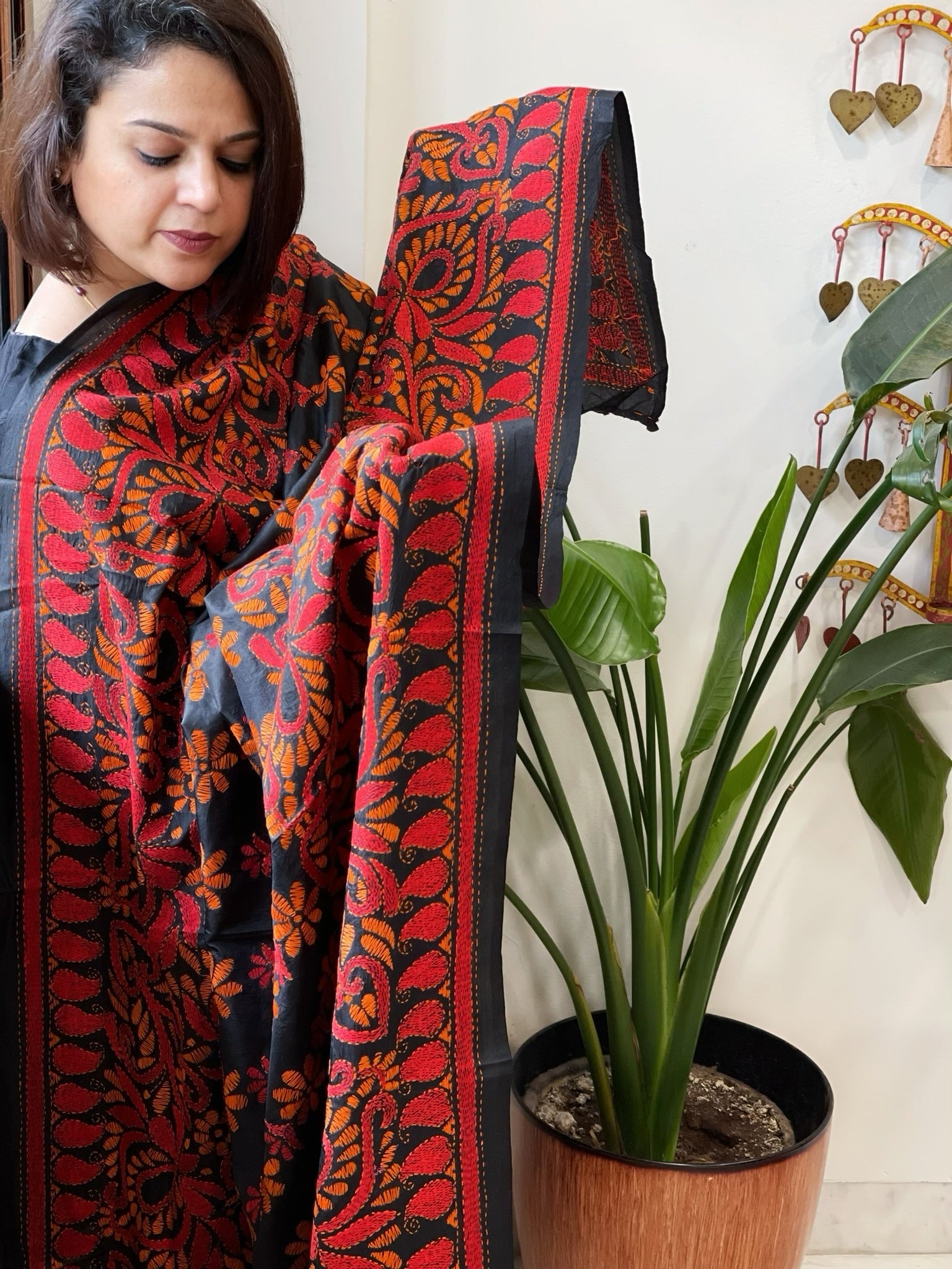 Black Handmade Nakshi Kantha Dupatta in Pure Silk - Masakalee