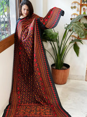 Black Handmade Nakshi Kantha Dupatta in Pure Silk - Masakalee