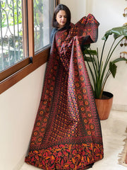 Black Handmade Nakshi Kantha Dupatta in Pure Silk - Masakalee