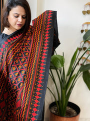 Black Handmade Nakshi Kantha Dupatta in Pure Silk - Masakalee