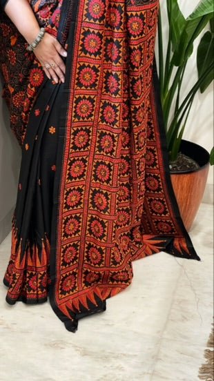 Black Handmade Nakshi Kantha Saree in Pure Silk - Masakalee