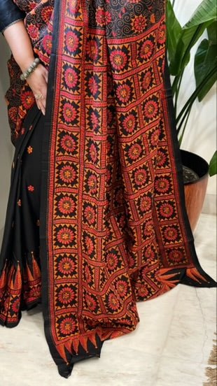 Black Handmade Nakshi Kantha Saree in Pure Silk - Masakalee