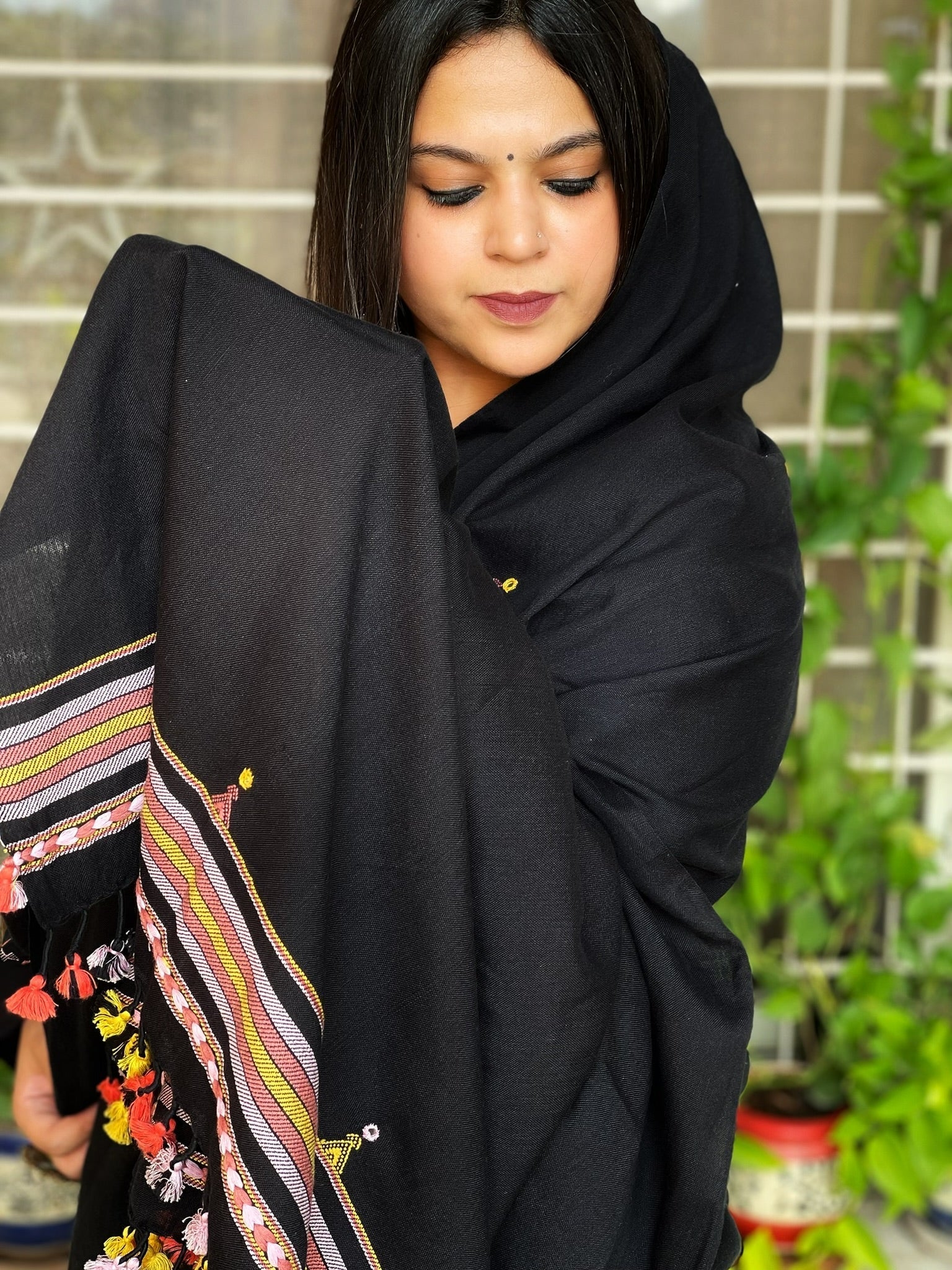 Black Handwoven Bhujodi Dupatta with Mirror Handwork in Kala Cotton - Masakalee