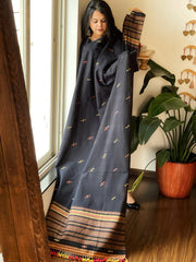 Black Handwoven Bhujodi Dupatta with Mirror & Thread Handwork in Cotton - Masakalee