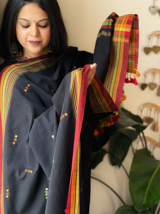 Black Handwoven Bhujodi Dupatta with Mirror & Thread Handwork in Cotton - Masakalee