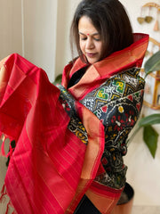 Black Handwoven Ikat Dupatta in Pure Silk - Masakalee