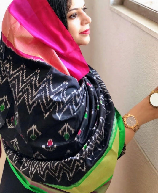 Black Handwoven Ikat Dupatta in Pure Silk - Masakalee