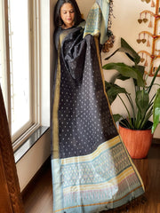 Black Handwoven Ikat Dupatta Pure Silk - Cotton - Masakalee