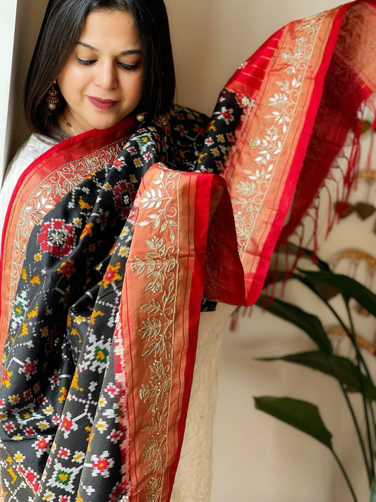 Black Handwoven Ikat Patola with Gotapatti & Pearl Handwork dupatta in Pure Silk - Masakalee