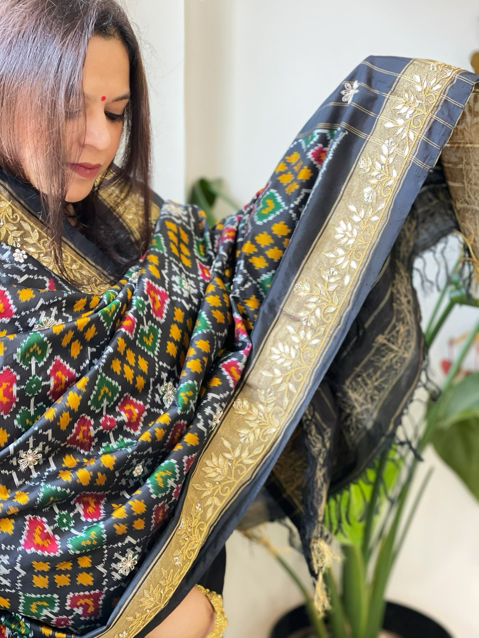 Black Handwoven Ikat Patola with Gotapatti & Pearl Handwork dupatta in Pure Silk - Masakalee
