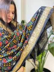 Black Handwoven Ikat Patola with Gotapatti & Pearl Handwork dupatta in Pure Silk - Masakalee