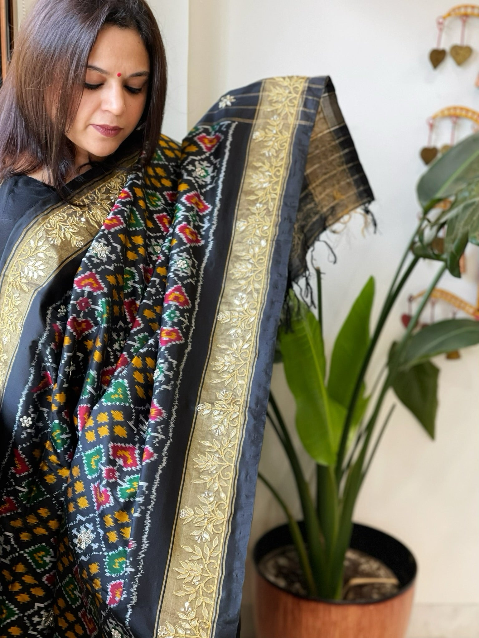 Black Handwoven Ikat Patola with Gotapatti & Pearl Handwork dupatta in Pure Silk - Masakalee