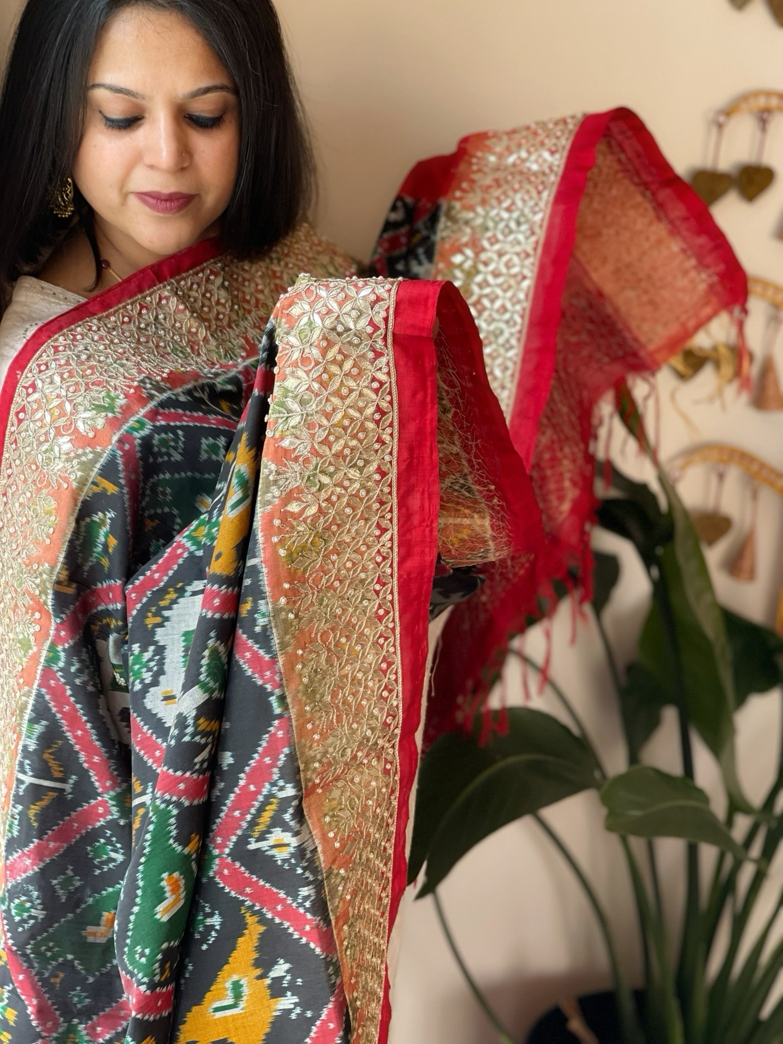 Black Handwoven Ikat Patola with Gotapatti & Pearl Handwork dupatta in Pure Silk - Masakalee