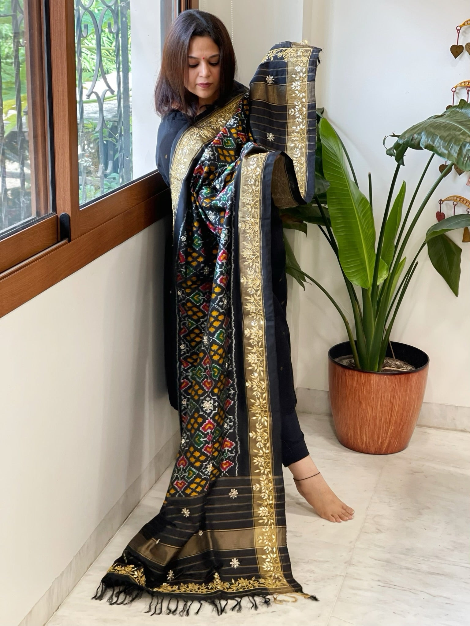 Black Handwoven Ikat Patola with Gotapatti & Pearl Handwork dupatta in Pure Silk - Masakalee