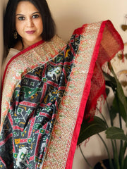 Black Handwoven Ikat Patola with Gotapatti & Pearl Handwork dupatta in Pure Silk - Masakalee