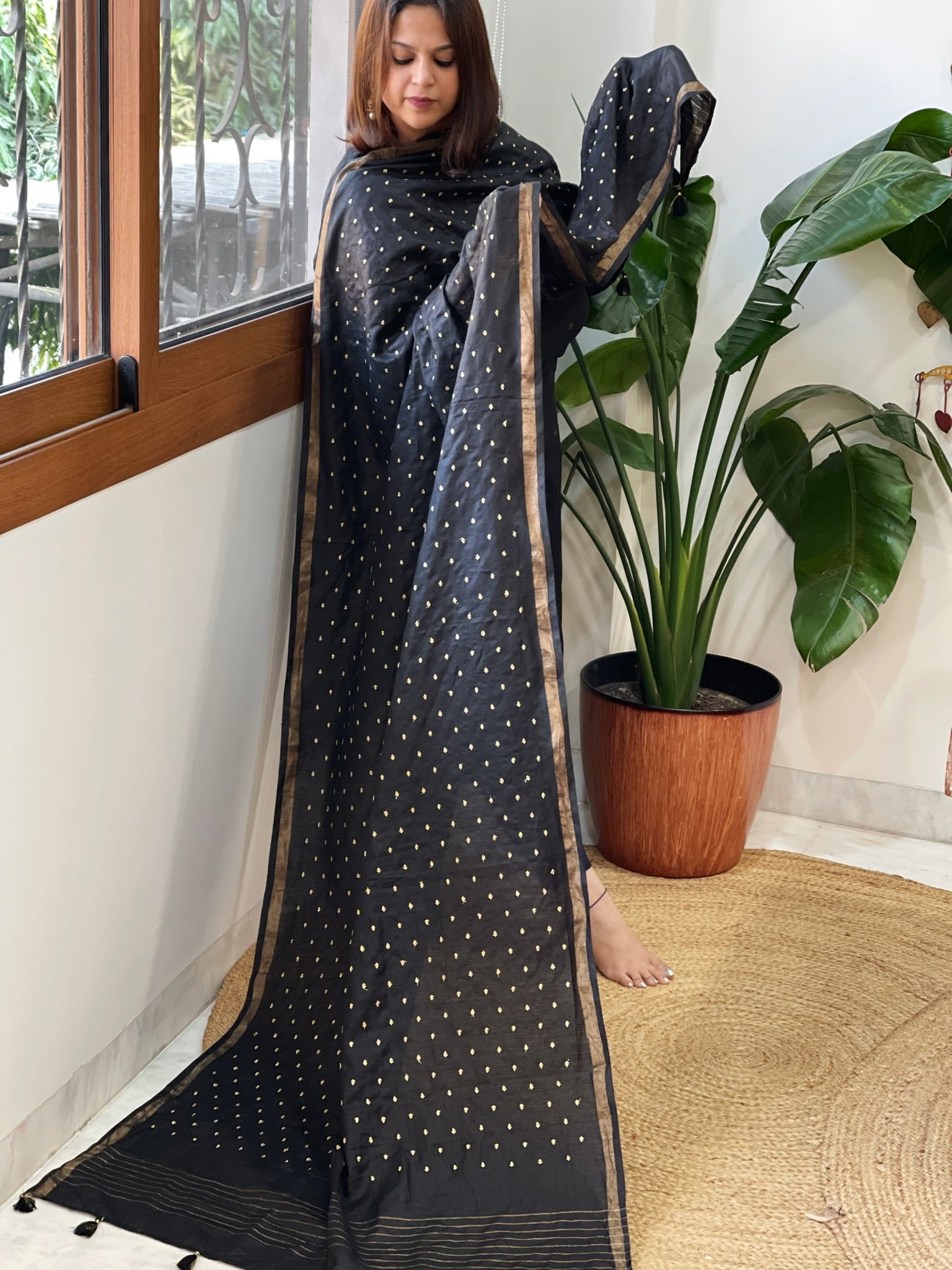 Black Handwoven Muga Silk dupattas with Hand Embroidery - Masakalee