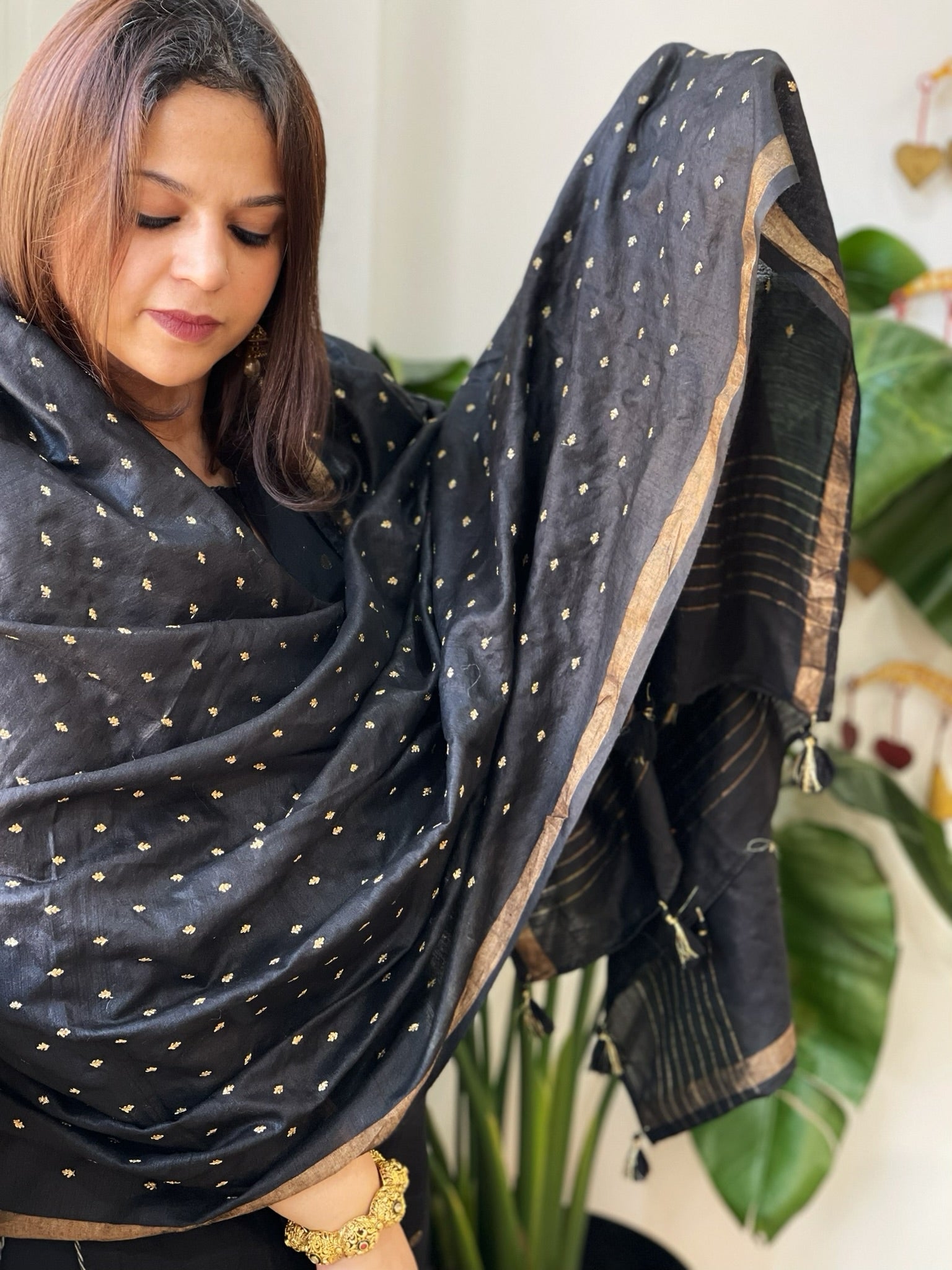 Black Handwoven Muga Silk dupattas with Hand Embroidery - Masakalee