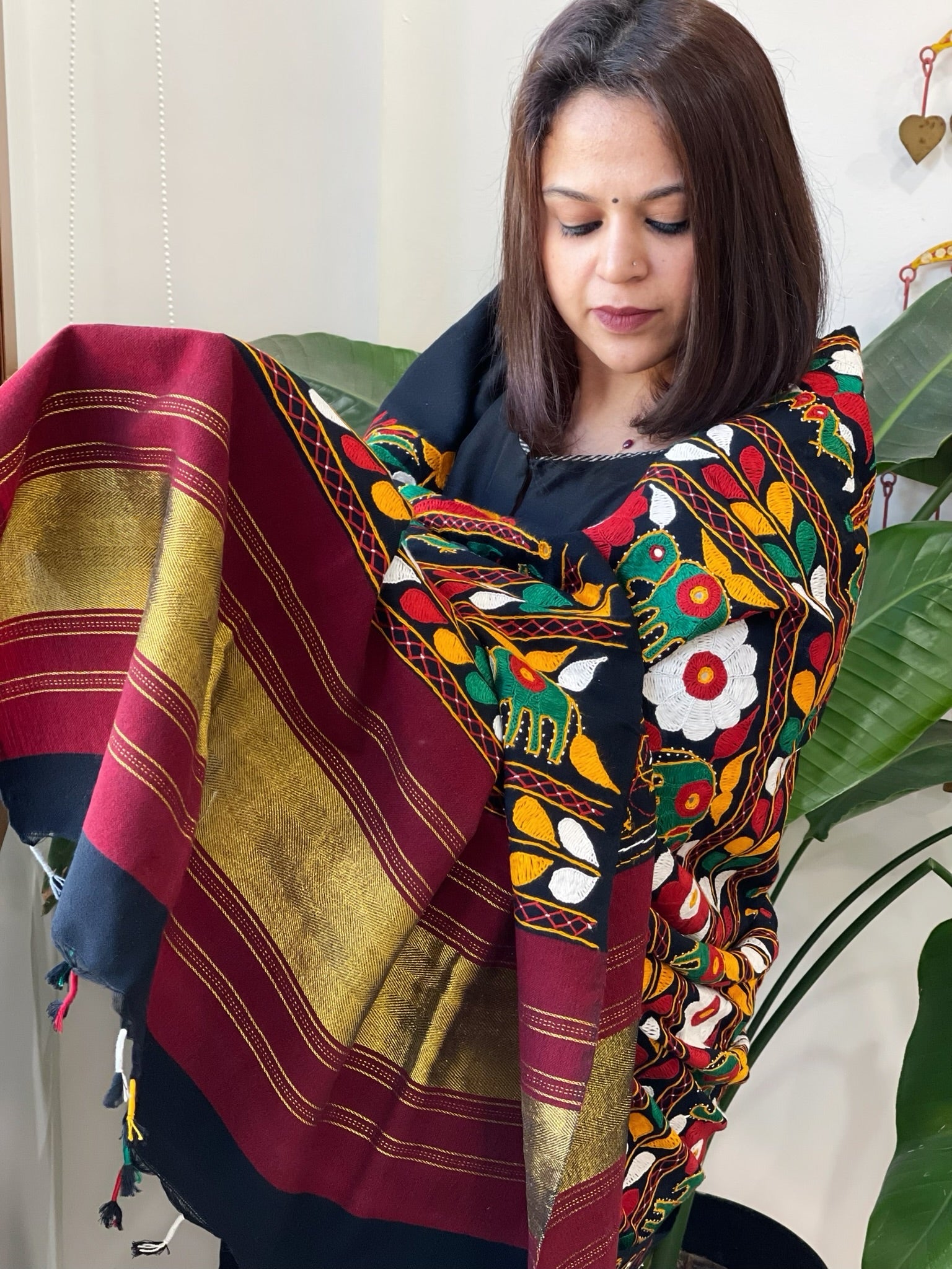 Black Handwoven Woollen Shawl with Thread and Foil Mirror Handwork - Masakalee