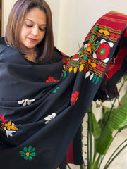 Black Handwoven Woollen Shawl with Thread and Foil Mirror Handwork - Masakalee