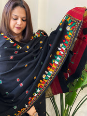 Black Handwoven Woollen Shawl with Thread and Foil Mirror Handwork - Masakalee