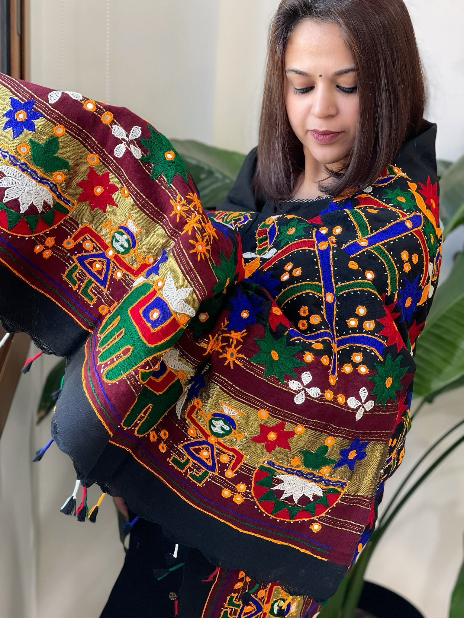 Black Handwoven Woollen Shawl with Thread and Foil Mirror Handwork - Masakalee