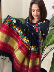 Black Handwoven Woollen Shawl with Thread and Foil Mirror Handwork - Masakalee