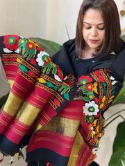 Black Handwoven Woollen Shawl with Thread and Foil Mirror Handwork - Masakalee