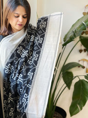 Black, Ivory Double Ikat Telia Rumal Dupatta in Cotton - Masakalee