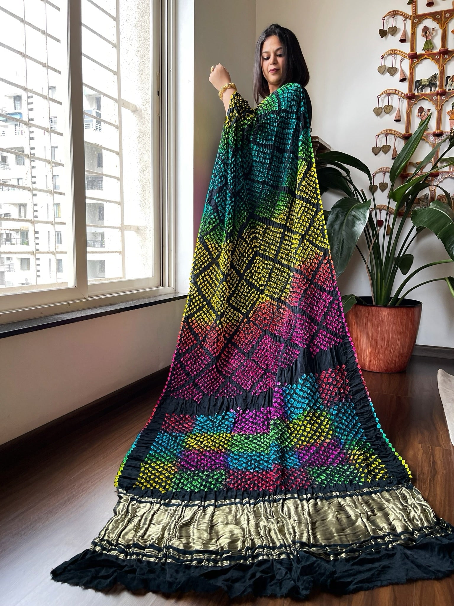 Black Kodi Bandhej Saree in Pure Gajji Silk with Zari Pallu - Masakalee