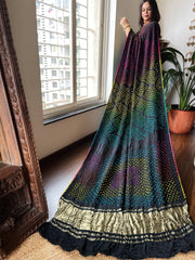 Black Kodi Bandhej Saree in Pure Gajji Silk with Zari Pallu - Masakalee