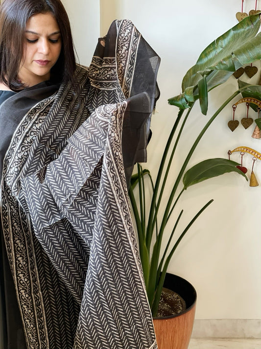 Black Kota Cotton Handblock Printed Dupatta - Masakalee