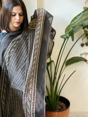 Black Kota Cotton Handblock Printed Dupatta - Masakalee