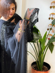 Black Net Dupatta with Sequin and Pearl Embroidery - Masakalee